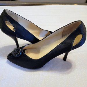 DKNY Black Satin Peep Toe Heels Leather Rosette Detail 10
